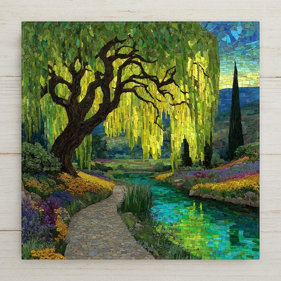 Weeping Willow Wall Art Ceramic Tile Stained Glass Style Nature Garden Landscape Peaceful Botanical DecorArt