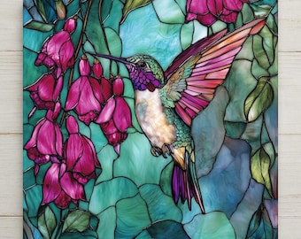 Hummingbird Spring Wall Art Ceramic Tile Stained Glass Style Bird Lover Memorial Gift Nature Decor Art