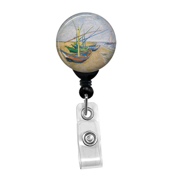 Fishing Boats on the Beach Badge Reel – Van Gogh Art ID Holder – Coastal Painting Badge Clip – Retractable ID Reel – Art Lover Gift