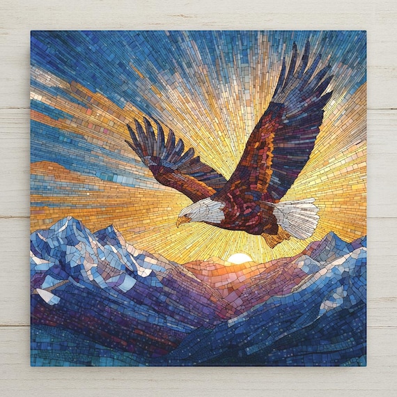 Soaring Eagle Ceramic Tile Decor – Symbol of Freedom and Strength for Office, Living Room, or Cabin Decor in Stained Glass Style