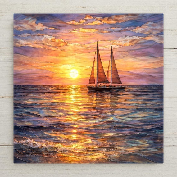 Sailboat Sunset Ceramic Tile Wall Art – Stained Glass Style Coastal Decor, Ocean Wall Decor Home Decor Gift with Sailing Boat