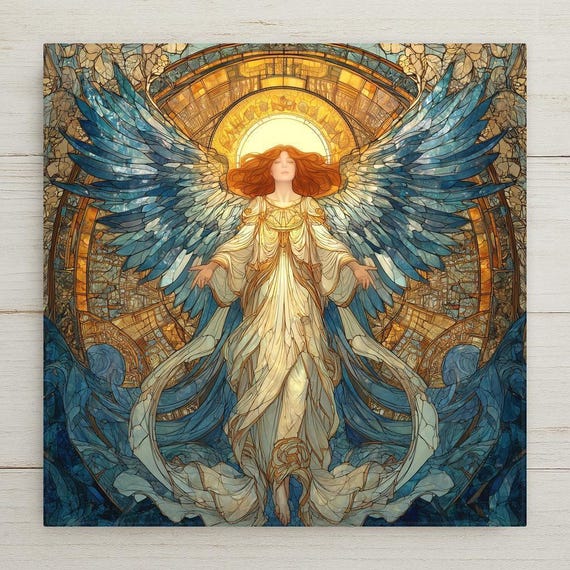 Angel Ceramic Tile Wall Art – Stained Glass Style Archangel Design, Spiritual Home Decor, Heavenly Wall Decor Gift for Faith Lovers