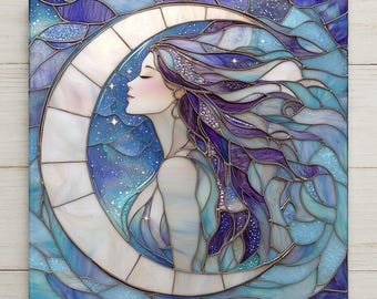 Moon Goddess Wall Art Ceramic Tile Celestial Gift Boho Decor Witchy Art Luna Nature Astrology Moon Phase Gift
