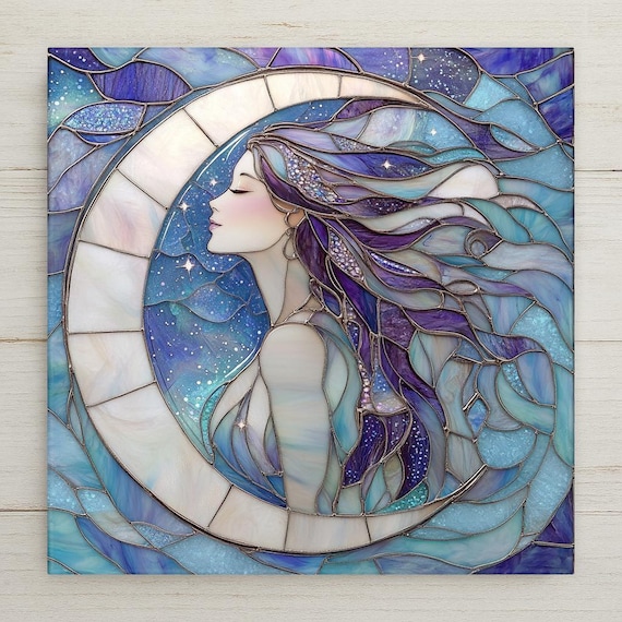 Moon Goddess Ceramic Tile: Stained Glass Style Celestial Wall Art