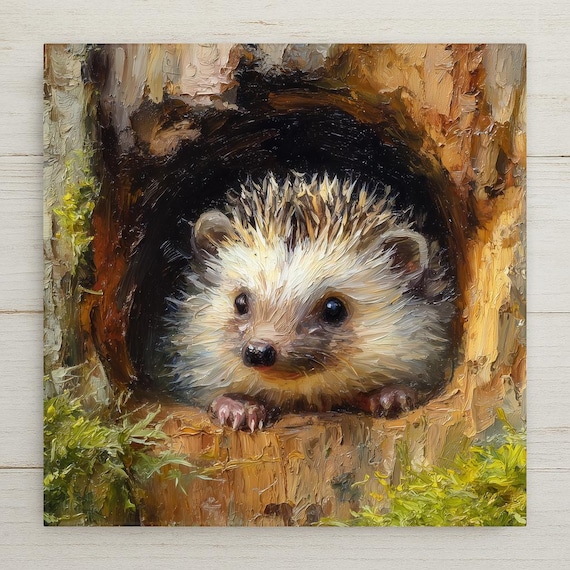 Hedgehog Ceramic Tile Wall Art – Woodland Home Decor, Stained Glass Style Forest Animal Wall Decor, Nature Lover Gift, Rustic Wall Art
