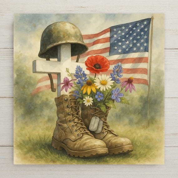 Patriotic Military Memorial Ceramic Tile: Flag, Boots & Cross Wall Art - Veterans Day Hero Tribute