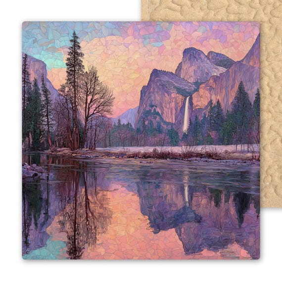 Yosemite Wall Art Ceramic Tile Stained Glass Style Merced River with Yosemite Falls California National Park Décor Gift