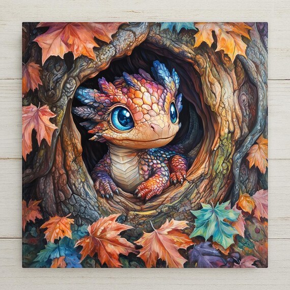 Whimsical Autumn Baby Dragon Ceramic Tile Wall Art – Cute Fantasy Home Decor, Fall Woodland Wall Decor Gift, Adorable Dragon Illustration