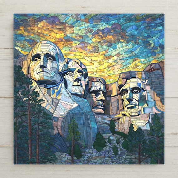 Mount Rushmore Stained Glass Style Ceramic Tile - Patriotic American Landmark Wall Art Decor