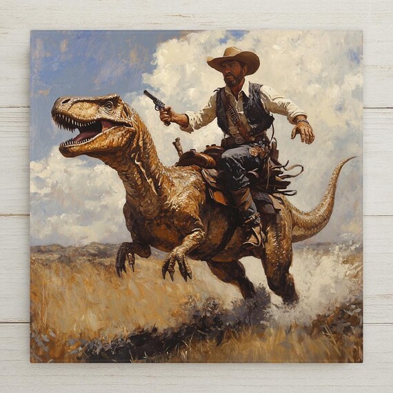 Velociraptor Cowboy Ceramic Tile Wall Art – Wild Western Dinosaur Home Decor, Funny Frontier Wall Decor Gift, Action-Packed Sci-Fi Tile
