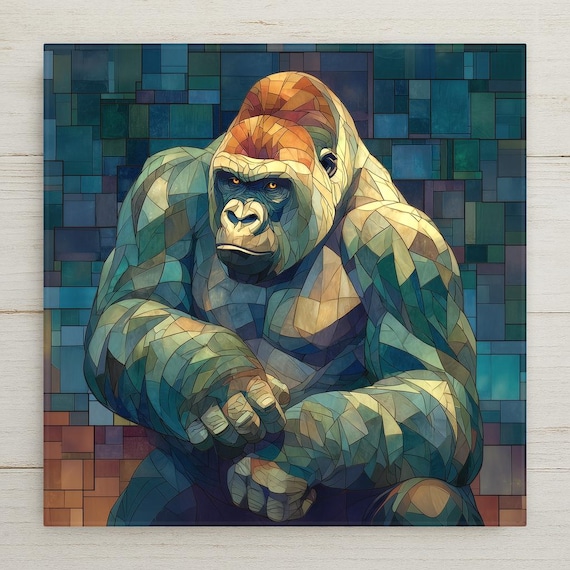 Gorilla Wall Art Ceramic Tile Stained Glass Style Wildlife Gift African Conservation Nature Decor Art