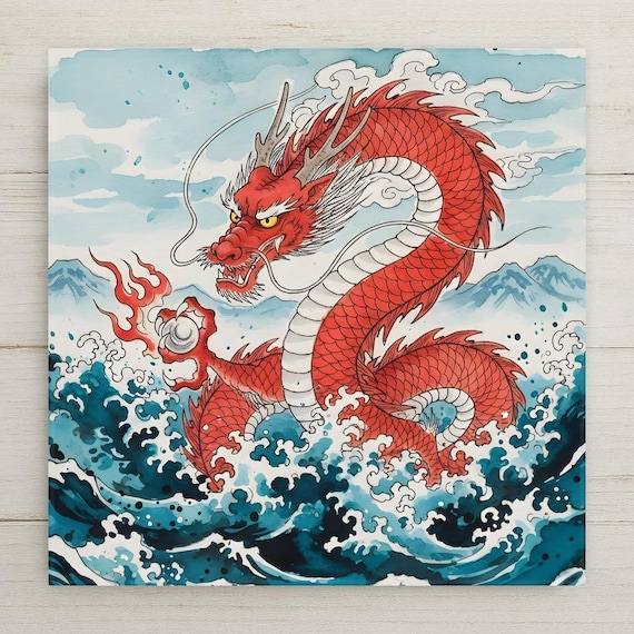 Japanese Dragon Wall Art Ceramic Tile – Red Dragon Ocean Art – Asian Mythology Decor – Decorative Wall Tile – Fantasy Wall Decor
