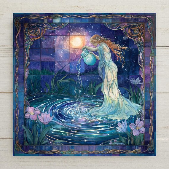 Aquarius Zodiac Ceramic Tile: Stained Glass Wall Art, Astrology Decor, Water Bearer Birthday Gift