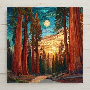 May include: A square wall art print featuring a mosaic-style forest scene with tall, reddish-brown sequoia trees. The background displays a vibrant sunset with orange and yellow hues transitioning into a deep blue sky with a pale, circular moon.