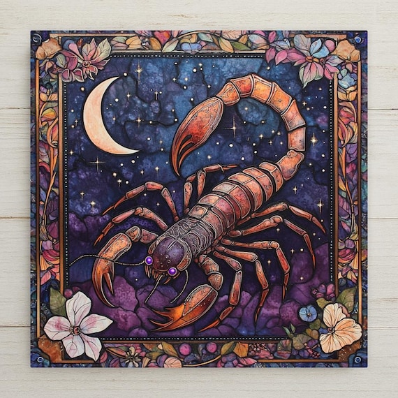 Handcrafted Scorpio Zodiac Ceramic Tile Wall Art - Purple Stained Glass Scorpion Astrology Decor