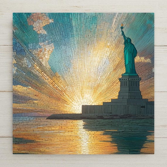 Statue of Liberty Sunrise Ceramic Tile Art in Stained Glass Style – American Landmark Wall Art for Patriotic Wall Decor and Home Decor