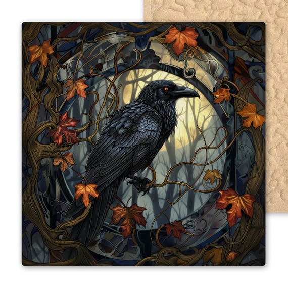 Gothic Raven Stained Glass Wall Tile: Spooky Ceramic Accent for Witchy Cottage Halloween Decor