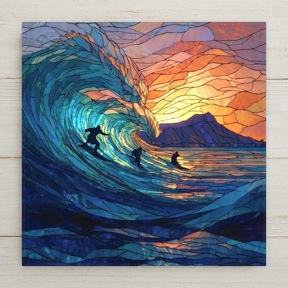 Waikiki Beach Big Wave Surfers Ceramic Tile Wall Art – Stained Glass Style Coastal Wall Decor, Hawaii Home Decor Gift