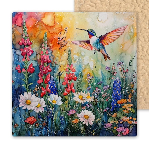 Hummingbird Ceramic Tile Art – Floral Wall Decor with Poppies, Bluebonnets & Daisies – Watercolor Nature Home Accent