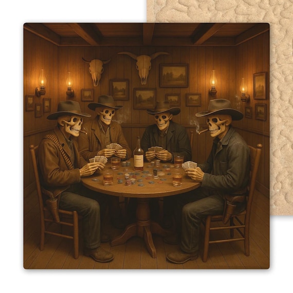 Spooky Western Skeleton Cowboy Poker Ceramic Tile Art - Gothic Saloon Scene Wall Decor for Halloween