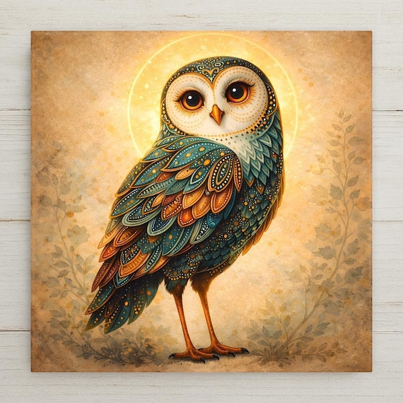 Owl Wall Art Ceramic Tile – Stained Glass Style Bird Decor, Boho Woodland Home Decor Gift
