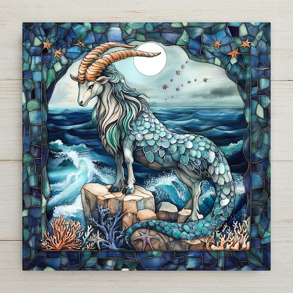 Capricorn Zodiac Sea Goat Ceramic Tile: Stained Glass Astrology Wall Art, Ocean-Inspired Birthday Gift