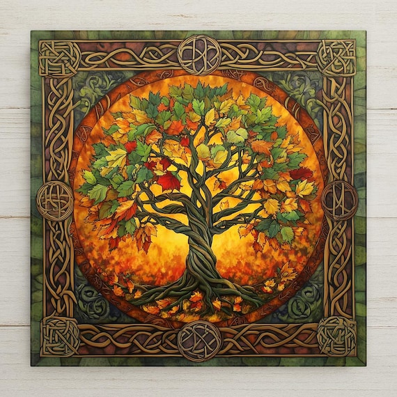 Celtic Tree of Life Ceramic Tile: Pagan Autumn Wall Art for Home, Altar, and Druid Decor
