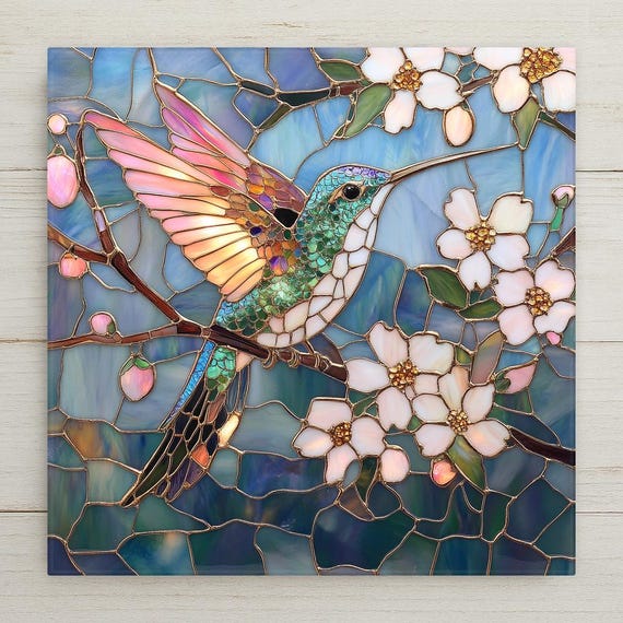 Elegant Blue Floral Hummingbird Ceramic Tile - Handmade Stained Glass Wall Art Nature Decor