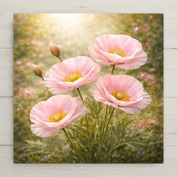 Shirley Pink Poppy Wall Art Ceramic Tile – Floral Cottagecore Decor, Soft Spring Garden Home Decor Gift