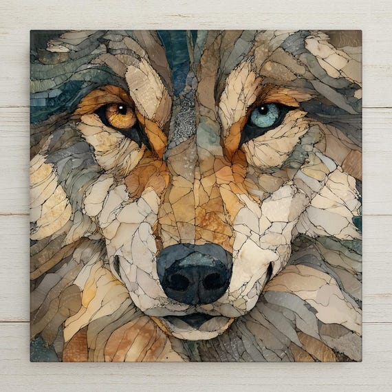 Wolf Wall Art Tile – Mosaic Style Wildlife Ceramic Home Decor with Intense Eyes, Rustic Cabin Accent, Nature Gift, Decorative Tile