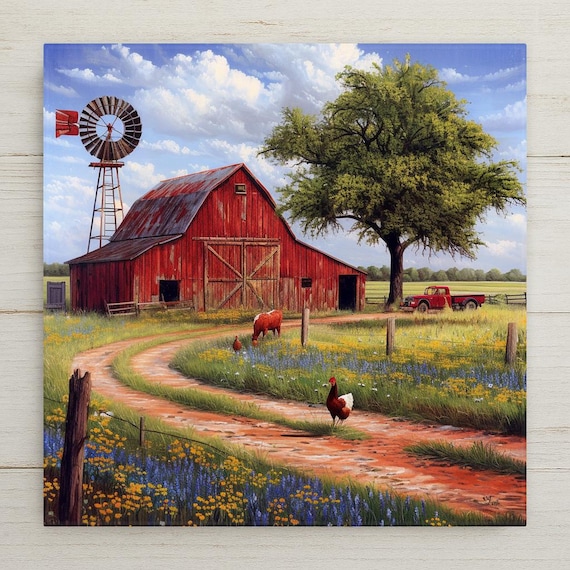 Rustic Red Barn Ceramic Tile Art: Farmhouse Decor