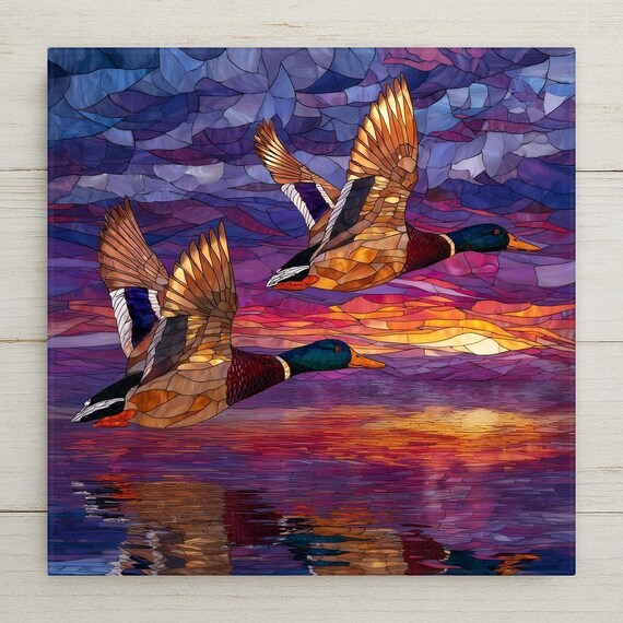 Flying Ducks Ceramic Tile Wall Art – Stained Glass Style Mallards at Sunset, Wildlife Nature Home Decor Gift