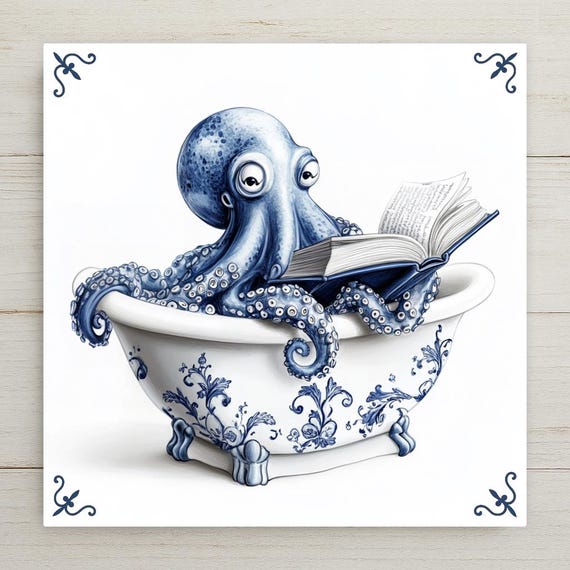 Whimsical Blue Delft Tile: Octopus Reading in Bathtub - Nautical Bathroom Wall Art