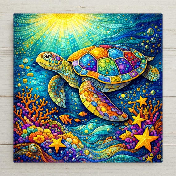 Sea Turtle Ceramic Tile Wall Art – Stained Glass Style Ocean Decor, Coastal Wall Decor Home Decor, Beach Wall Art Gift