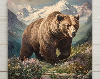 Grizzly Bear Wall Art Ceramic Tile Wildlife Gift Vintage Naturalist Decor Wilderness Art Bear Lover Gift Tile