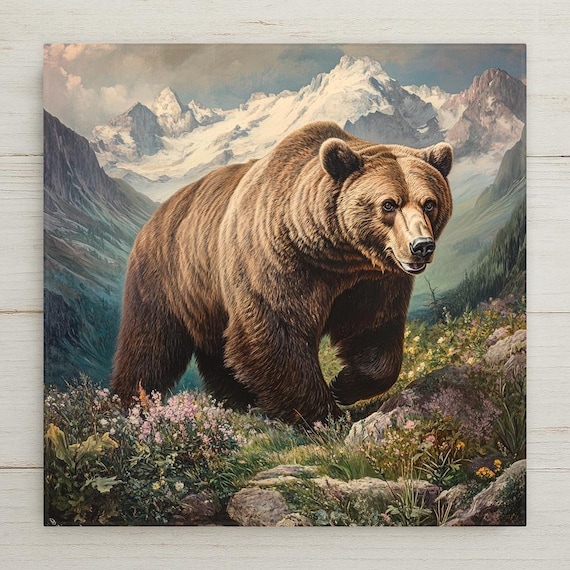 Grizzly Bear Ceramic Tile: Audubon-Style Wildlife Art