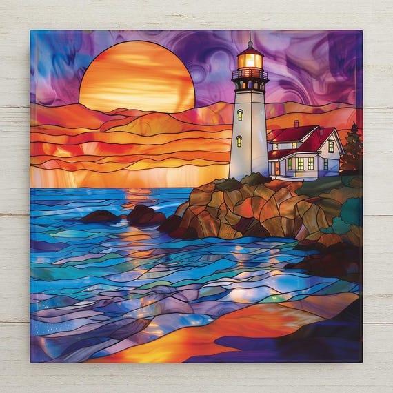 Nautical Ceramic Lighthouse Tile: Sunset Wall Art for Beach Cottage, Coastal Decor, Seaside Gift