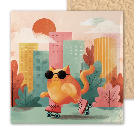 Retro Roller Skating Cat Wall Art Ceramic Tile Stained Glass Style Sunglasses Cool Feline Cityscape Urban Pop Art Pet Lover Gift Decor