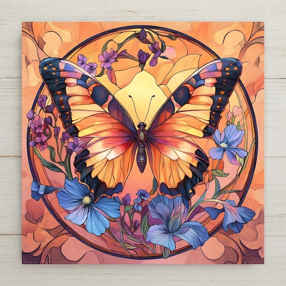 Vibrant Stained Glass Butterfly Ceramic Tile - Handmade Nature Wall Art Decor - Garden Insect Gift