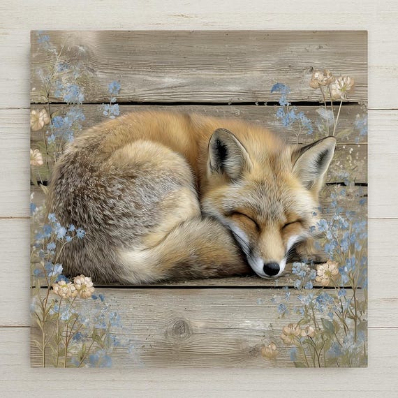 Sleeping Fox Ceramic Tile: Rustic Woodland Cottagecore Wall Art