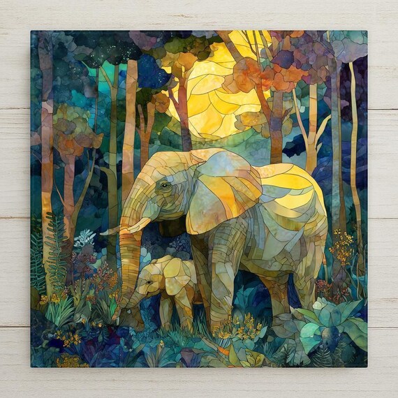 Elephant Mother Baby Art Wall Decor, Stained Glass Wildlife Illustration, Nursery Animal Family Gift Decorative Tile