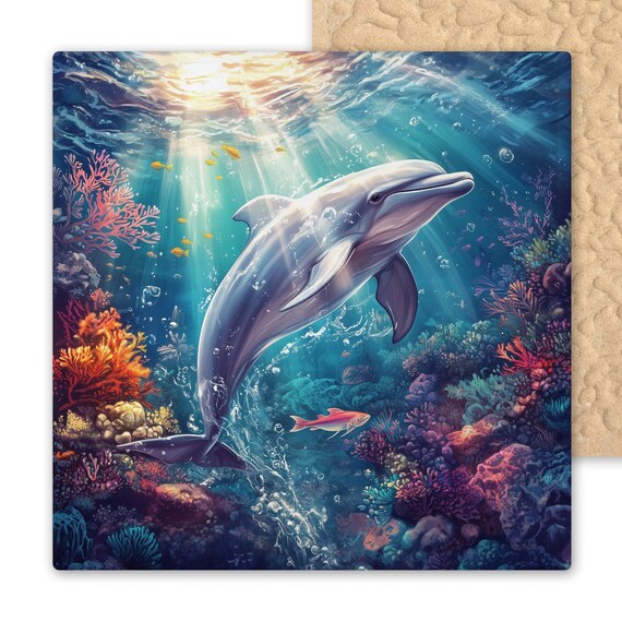 Coastal Dolphin Ceramic Tile Wall Art - Ocean-Inspired Nautical Decor for Home, Beach House, Bathroom