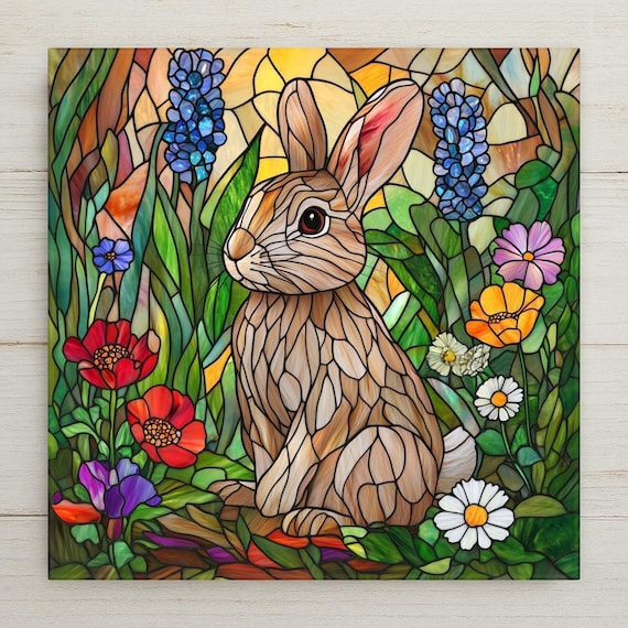 Stained Glass Bunny Ceramic Tile: Cottagecore Rabbit Wall Art for Spring Decor, Easter & Garden