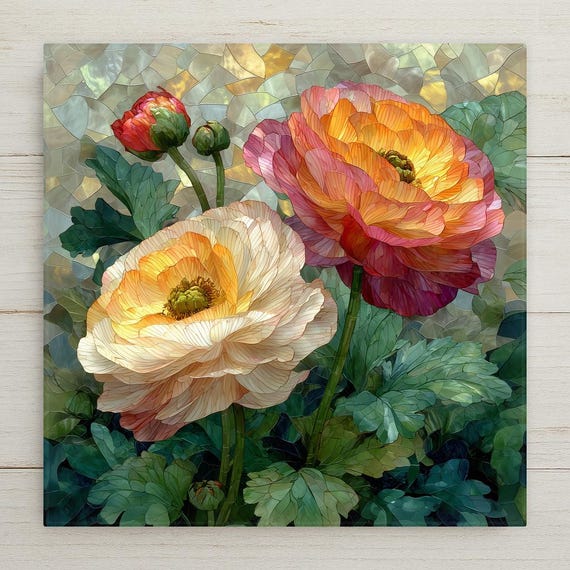 Ranunculus Wall Art Ceramic Tile Wedding Gift Blush Pink Bouquet Decor Romantic Floral Art Bride Gift Tile