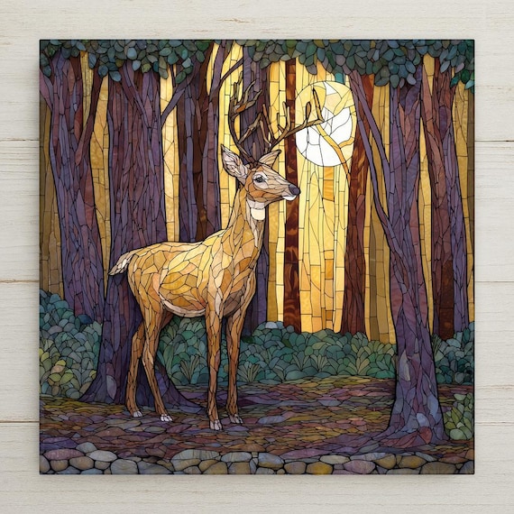 Woodland Deer Ceramic Tile Wall Art – Stained Glass Style Forest Deer Under Moonlight, Nature Inspired Home Decor Gift
