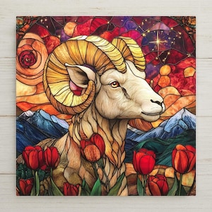 Aries Zodiac Stained Glass Style Ceramic Art Tile – Astrology Wall Decor, Ram Constellation Birthday Accent