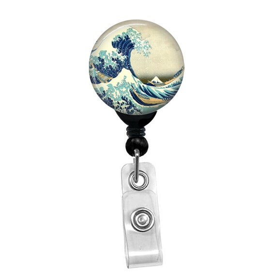 Great Wave Off Kanagawa Badge Reel – Hokusai Art Badge Holder – Japanese Wave ID Clip – Retractable Badge Reel – Art Lover Gift