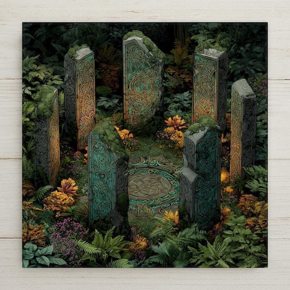 Celtic Standing Stones Ceramic Tile: Enchanted Stained Glass Wall Art for Mystical Home Decor
