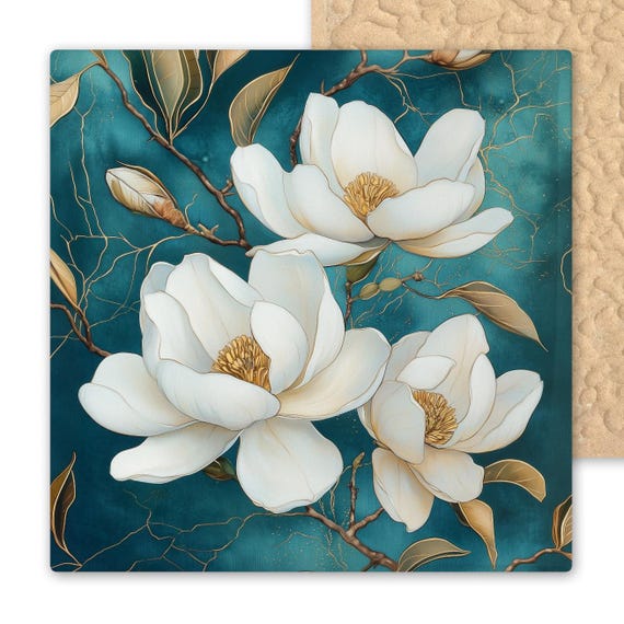 Elegant Magnolia Blossom Ceramic Tile Art: Handmade Floral Wall Decor for Nature-Inspired Home