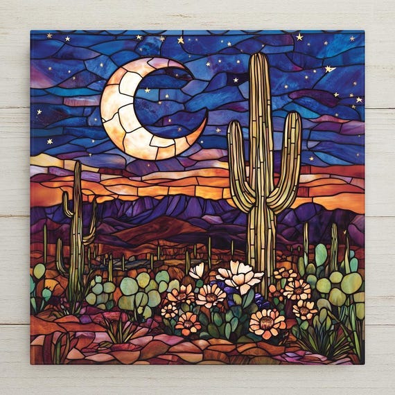 Handcrafted Stained Glass Desert Tile: Moon & Cactus Wall Art, Southwest Ceramic Saguaro Sunset Decor